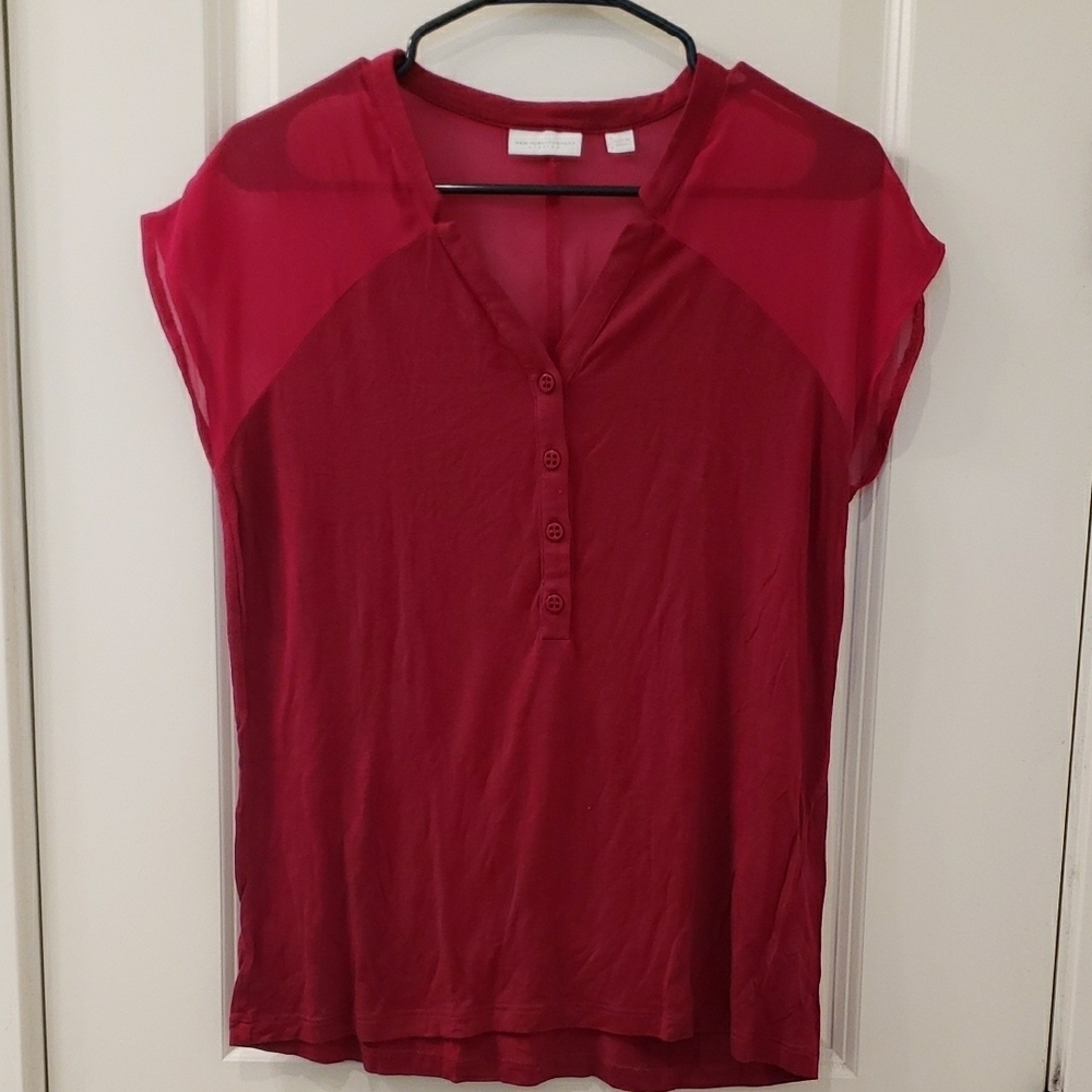 New York & Company Red Polo Collar Cuffed Sleeve Blouse